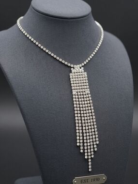 Vtg 1950s Silver Tone Rhinestone Waterfall Fringe Statement Necklace - Clear Ice